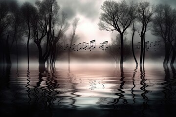 Music sound with trees and water, in the style of dark white and dark maroon, luminous shadowing. Generative AI