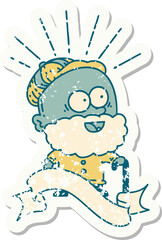 grunge sticker of tattoo style happy old man with walking stick