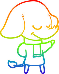 rainbow gradient line drawing cartoon smiling elephant wearing scarf