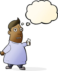 cartoon nervous man with tickets with thought bubble