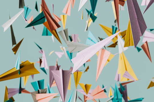 3D render of paper planes in different colors