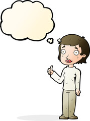 cartoon woman giving thumbs up symbol with thought bubble