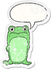 cartoon staring frog and speech bubble distressed sticker