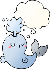 cartoon whale spouting water and thought bubble in smooth gradient style