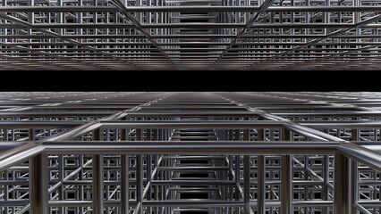 3d cube grid made of rods, lattice network. Array of metal scaffolding. 3d geometric grid. 3d render illustration