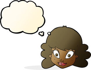 cartoon happy female face with thought bubble