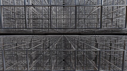 3d cube grid made of rods, lattice network. Array of metal scaffolding. 3d geometric grid. 3d render illustration