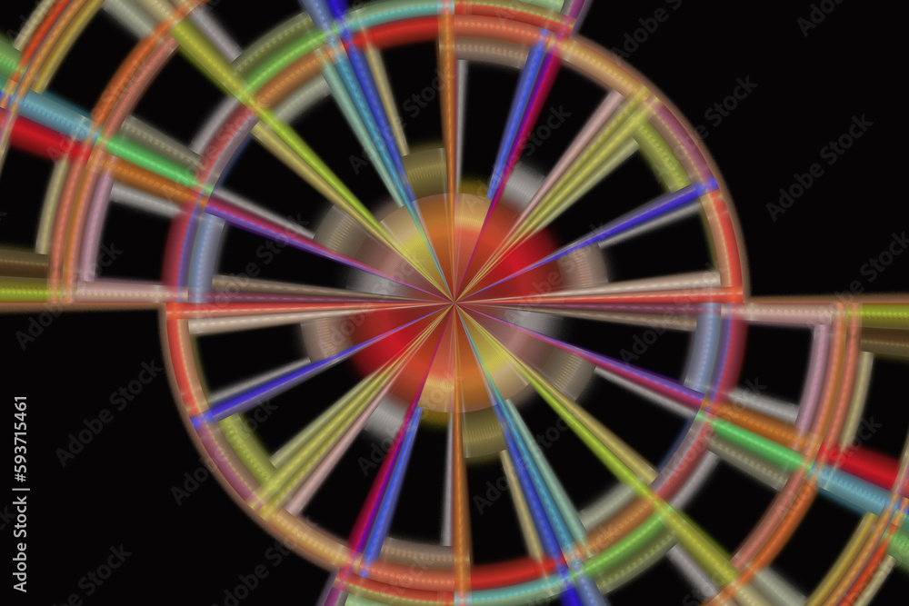 Aufkleber multicolored motley round pattern of crooked waves and rays on a black background. abstract fractal 