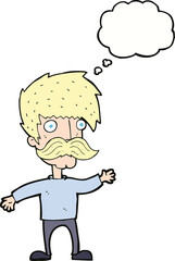cartoon man with mustache waving with thought bubble