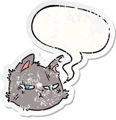 cartoon tough cat face and speech bubble distressed sticker