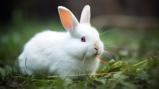 Funny baby white rabbit with a carrot in grass, Generative Ai	