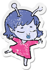 distressed sticker of a cute alien girl cartoon