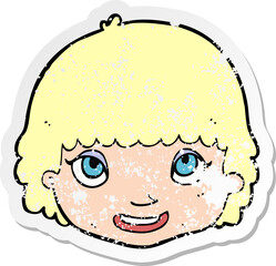 retro distressed sticker of a cartoon happy female face