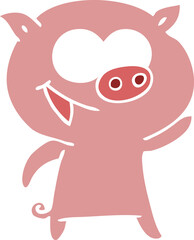 cheerful pig flat color style cartoon