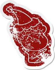 cartoon distressed sticker of a man pouting wearing santa hat