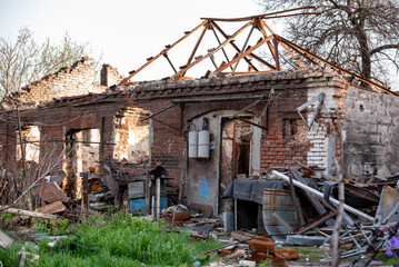 destroyed and burned houses in the city Russia Ukraine war