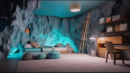 child room interior in the cave with aquarium