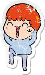 distressed sticker of a cartoon happy man