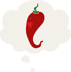 cartoon chili pepper and thought bubble in retro style