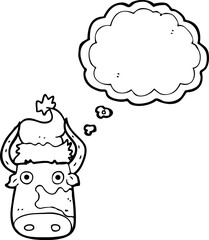 thought bubble cartoon cow wearing christmas hat