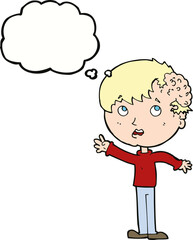cartoon boy with growth on head with thought bubble