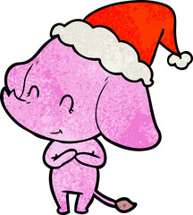 cute textured cartoon of a elephant wearing santa hat