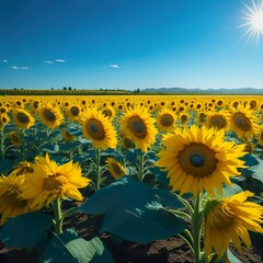 Obraz premium A bright yellow sunflower sways in the gentle summer breeze, its petals reaching towards the sky in a lush green field.Generative AI