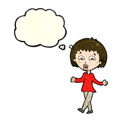 cartoon woman shrugging shoulders with thought bubble