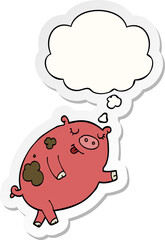 cartoon dancing pig and thought bubble as a printed sticker