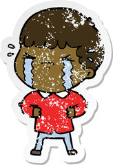 distressed sticker of a cartoon man crying