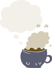 cute cartoon coffee cup and thought bubble in retro style