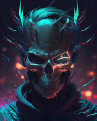 close up of a person wearing a skull mask, neon cyberpunk style, fantasy 