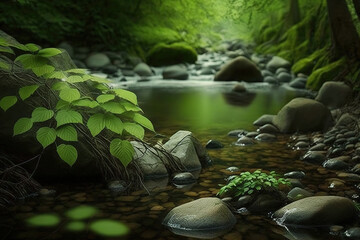  forest stream with white stones on the bottom and green leaves on the banks 