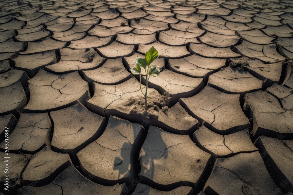 Poster Young plant is growing on dry ground. Generative AI