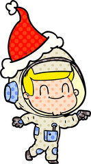 happy comic book style illustration of a astronaut man wearing santa hat