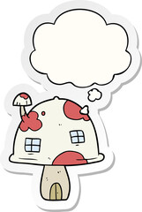 Fototapeta na wymiar cartoon mushroom house and thought bubble as a printed sticker