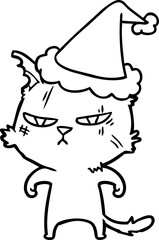 tough line drawing of a cat wearing santa hat