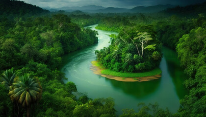 river running through a lush green forest, amazon jungle, snake river in the jungle 