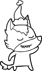 friendly line drawing of a wolf wearing santa hat