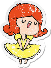 distressed sticker cartoon of a cute singing kawaii girl