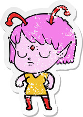 distressed sticker of a cartoon alien girl