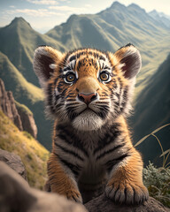 tiger cub on the background of nature, mountains, ai art 