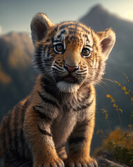tiger cub on the background of nature, mountains, ai art 