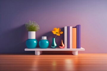 flower vases and books on a shelf