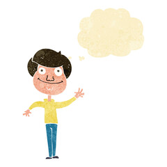 cartoon happy man waving with thought bubble