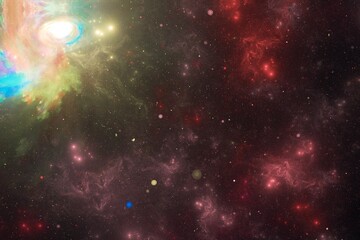 Fototapeta na wymiar Red multicolored glowing clouds of stardust in black space. Abstract fractal 3D rendering