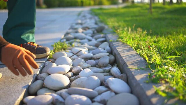 use of decorative cobblestones in the garden or in the park close up