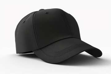 Black baseball cap mockup on white background, side view, snapback cap template