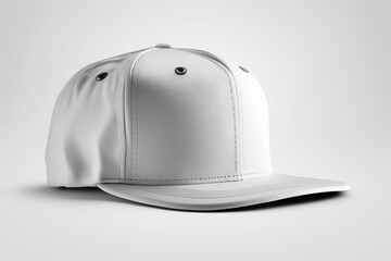 White baseball cap mockup on white background, side view, snapback cap template