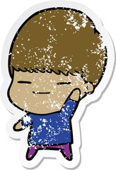 distressed sticker of a cartoon smug boy
